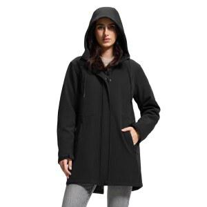 사피로즈 여성용 방수 레인 재킷과 플리스 안감 후드 윈드브레이커 롱 웜 아웃도어 소프트쉘 코트