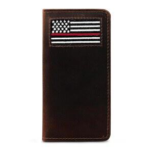 얇은 레드 라인 소방관 롱 바이폴드 남성용 지갑 - 수공예 풀 그레인 가죽 / 니들포인트 아트 생일, 크리스마스 등 다양한 카드 슬롯이 있는 컴팩트