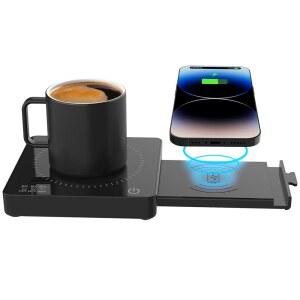 15W 무선 전화 충전기와 3A USB 충전 포트가 있는 커피 머그 워머, 3가지 온도 설정 및 8시간 자동 차단, 커피, 우유, 차, 양초를 데울 수 캔들 워머 플레이트, 발렌타인 데이 선물(블랙)