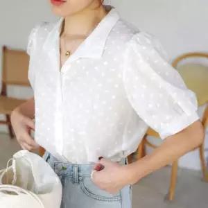 [라일리여성의류] Rly 퍼프소매 블라우스 반팔블라우스 프릴 블라우스 여