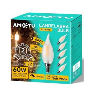 E12 60와트 상당의 프로스팅 LED 캔델라브라 전구 캔들 CA10 샹들리에 라이트 2700K 소프트 화이트 디밍블 베이스, 다이닝 룸, 거실, 아늑한 실내 환경을 위한 오래 지속되는 조명