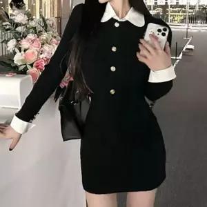 [라일리여성의류] Rly 카라 페이크레이어드 금장버튼 블랙미니원피스 스판