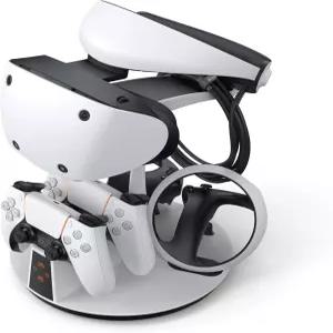 VR 디스플레이 스탠드와 LED 충전 표시등이 있는 PSVR2 및 PS5용 KIWI 디자인 D2 3-in-1 컨트롤러 충전소