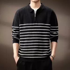 니트 겨울 남성용 가디건 아이템 상의 칼라넥 트렌디 스트라이프 터틀넥 반집업 HT4