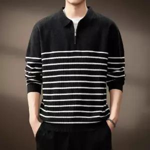 니트 겨울 남성용 가디건 아이템 상의 칼라넥 트렌디 스트라이프 터틀넥 반집업 HT4