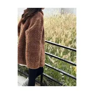 여성 울 겨울 데일룩 하이넥 램스울 루시멜라드 퍼 코트 모피 일체형 가죽 DAOL4