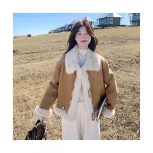 여성 데일룩 코트 모피 카키색 빈티지 양면 반스웨이드 겨울 보온에 두툼한 털 일체형 DAOL4