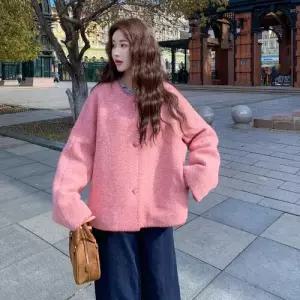 동계 여성용 핑크 모직 울 데일룩 자수 코트 리버시블 숏 DAOL4