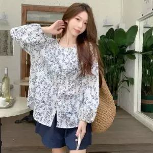여름 플라워 블라우스 여성 긴팔 퍼프소매 셔링 루즈핏 바캉스룩