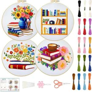 BEUNITONE 4종 세트 책 자수 키트 성인 초보자용 8인치 플라워 DIY 크로스 스티치 아름다운 바늘점 스타터