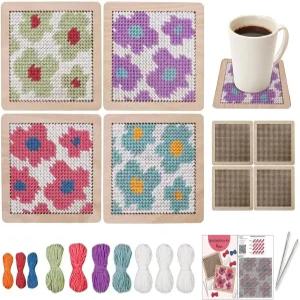 유셴 4Pcs 플라워 코스터 니들포인트 크로스 스티치 키트 DIY 자수 스타터 세트 바늘 실 공예 (플라워)