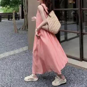 여성롱원피스 여성 루즈핏 민소매 원피스 핑크 등리본 바캉스룩 1P