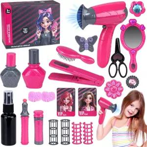 뷰티 헤어 살롱 플레이 세트 메이크업 액세서리 및 드라이어가 포함된 22피스 스타일리스트 장난감 키트