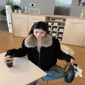 블랙 겨울 빈티지 여성패션 가죽 재킷 빅 퍼 칼라 램스울 코트 일체형 숏 위 DL4