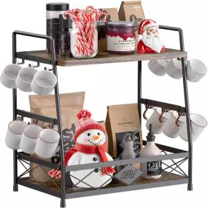 카운터탑용 로테이크 2단 커피 컵 홀더 12개의 후크가 달린 머그 정리함 바 주방용 메탈 선반 블랙