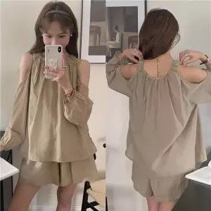 여름 어깨트임 투피스 여성 셔링 루즈핏 블라우스 반바지 세트