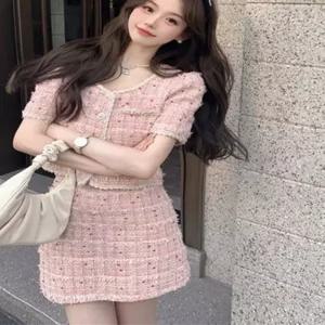 여름트위드셋업 여성 핑크 세트 투피스 반팔