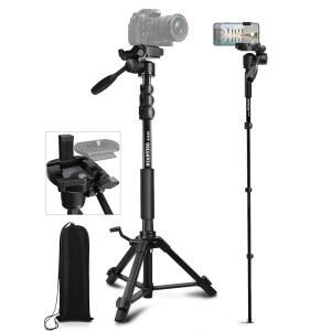카메라 삼각대 69인치, 특허받은 3방향 회전 휴대전화 삼각대 전문가용 알루미늄 합금 여행용 휴대폰 카메라 스탠드 모노포드 캐논 니콘 고프로 DSLR, DV 비디오 캠코더, 스마트폰 블랙
