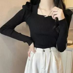 [의류] 스퀘어넥 퍼프소매 셔링 골지 긴팔 니트 3컬러 데일리