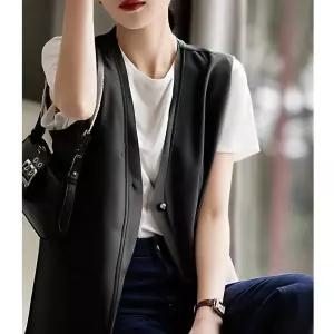 볼사스 여성 실크 캐주얼 조끼 프렌치 클래식 브이넥 민소매 코트 조춘 뽕나무 톱 ADOR1