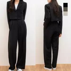 [퍼니메이커]여성 슬랙스 크롭자켓 상하의 세트 와이드팬츠 마이 짧은재킷 여자출근룩 여자재킷 슬랙스바지