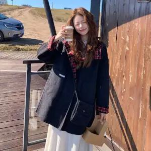 검정 울 모직 후드 코트 야구 리버시블 점퍼 체크 윈터 여성패션 DL4