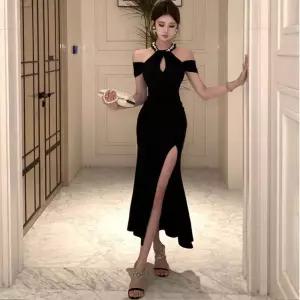 스커트 여성원피스 트렌디 아이템 쉬폰 이브닝 드레스 홀터 추동 오프숄더 트임 프릴 HT4