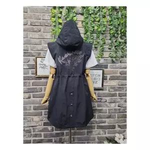 퐁당 / 레터링 플라워 자수 바람막이 후드 롱 야상 조끼