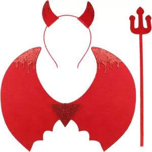 애니울 할로윈 레드 데빌 코스튬 세트 글리터 데몬 뿔 머리띠 블러드 윙 피치포크 파티