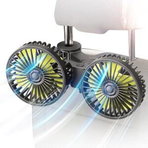 뒷좌석용 Ouffun 자동차 팬, 듀얼 헤드 USB 차량 시트 팬, 3단 강풍 360 회전식 자동차 뒷좌석 헤드레스트 팬, 모든 모델에 맞게 조절 가능한 클립이 장착된 공기 순환 자동차