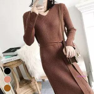 여성용 골지 가을 패턴 슬림핏 원피스 롱니트fgh234