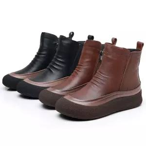 알마센 여성 플랫워커 슈즈 리얼 가죽 앵클부츠 가을 뉴에닉 빈티지 수제 키높이워커 컬러 배색 첼시부츠 A