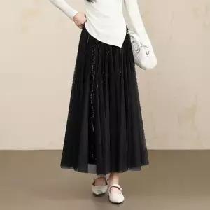 미에스틸로 치마 여성용 미디 망사 가을 슬림핏 하이웨스트 시폰 A라인 쉬폰 펄 플리츠 ADOR3