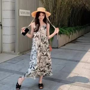 여름원피스 여성 여름 페미닌 수묵화 플라워패턴 끈나시 롱원피스