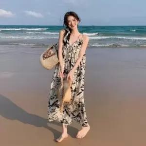 여름원피스 여자 예쁜 수묵화 플라워 여름 끈나시 롱원피스