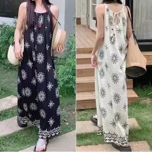 여름원피스 플라워 패턴 롱 원피스 바캉스 끈나시 내추럴 프린팅