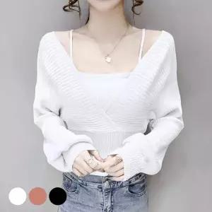 여자블라우스 랩스타일 스퀘어 나시 일체형 퍼프 소매 긴팔티