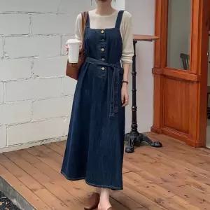 [디작소][SALE] 여성 겨울 로프 데님 멜빵 허리끈 롱원피스 (31593855)