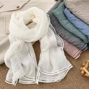 [셀러에이드]네츄럴 피그먼트 레이스 면 스카프 롱 봄 여름 여성 목도리 머플러