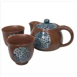 티포트 하루 도자기 녹차 포트 티팟 찻잔 2인 브라운 세트