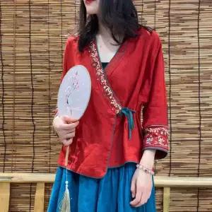 여성 봄옷 얇은 여 상의 코트 꽃 린넨 카디건 브이넥 자켓 재킷 긴팔 자수 에스닉 면 마