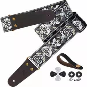 네펠리바타 기타 스트랩 2인치 자카드 자수 풀 그레인 가죽 엔드 베이스 일렉트릭 및 어쿠스틱 프리 버클
