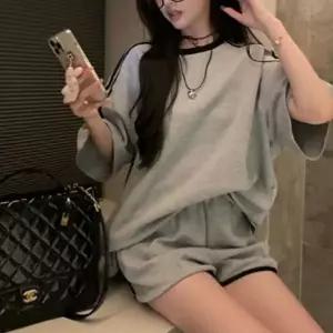 여성 여름 오버핏 반팔 반바지 배색 라인 트레이닝 투피스 상하복
