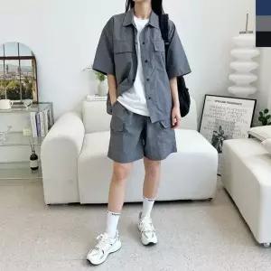 여성 여름 트레이닝 포켓 반팔 남방 반바지 셋업
