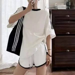 여성 배색 라인 반팔 트레이닝 오버핏 티셔츠 반바지 투피스 상하복