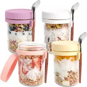 뚜껑과 숟가락이 있는 수로크 오버나이트 귀리 용기 - 16온스 유리 메이슨 병 4팩 누수 방지 식사 준비