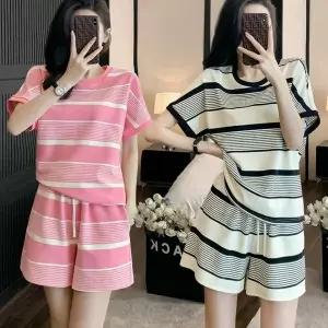 [셀러에이드]여성 여름 홈웨어 스트라이프 반팔 반바지 데일리 외출복 트레이닝