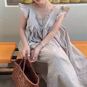 프릴 롱 원피스 반팔 오버핏 바캉스 임부복 나시 브이넥 스타일 예쁜