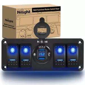QC3.0 듀얼 USB 충전기 전압계 방수 및 야간 조명 스티커가 장착된 Nilight 4 갱 로커 스위치 패널 자동차