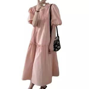 핑크프릴롱원피스 퍼프소매 라운드넥 롱스커트 패션